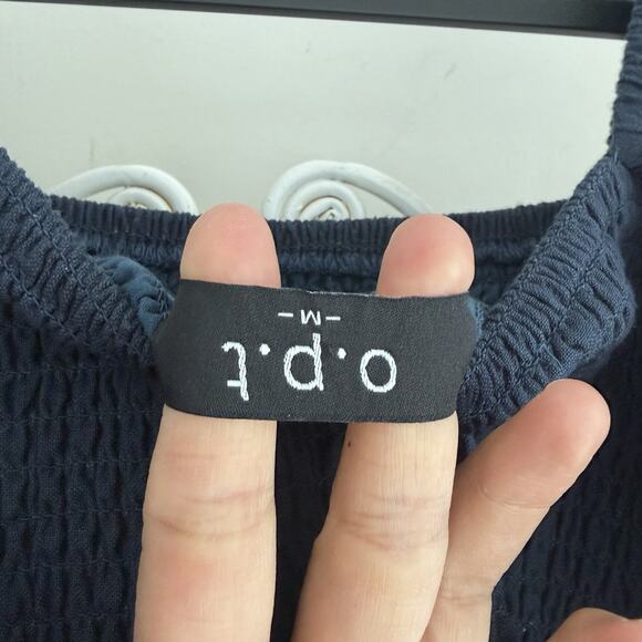 O.P.T. Dress Medium Navy Midi Smocked Puff Balloon Sleeve Cottage Prairie Linen - Picture 5 of 8